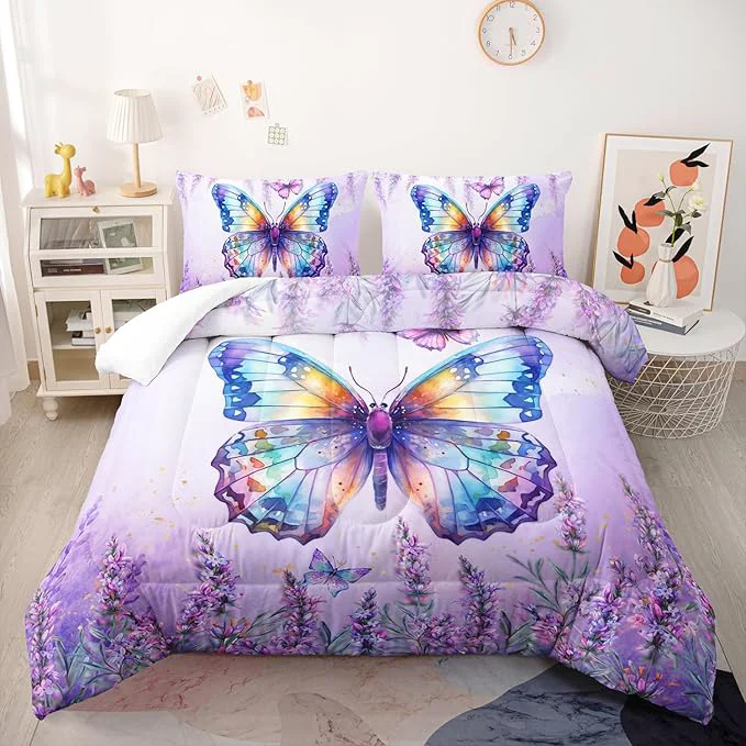 Crafted Lavender Comforter Set Twin Size Violet Flower Butterfly 3 Piece Bedding Set Lightweight Down Spring Violet Bed Comforter and 2 Pillowcases for All Seasons