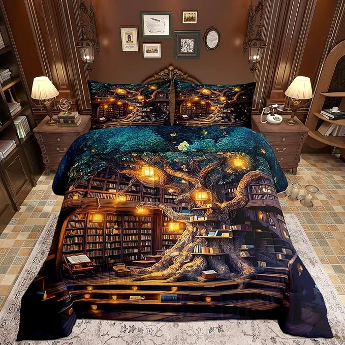 Optimized Mysterious Bookshelf Comforter Set Toddler Size 2 Pcs Trees and Books Bedding Set Fantasy Fairy Tale Style Quilt Set for Child Bedroom Duvet Insert 1 Pillowcase Fine Crafted