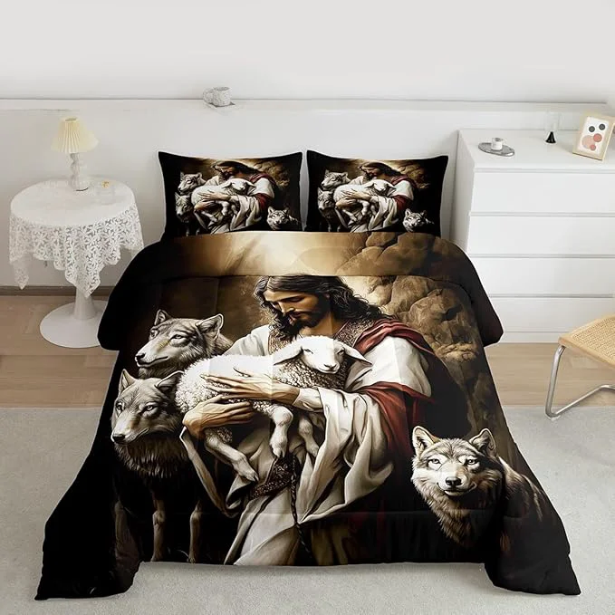 Safe Castle Fairy Sheep and Wolf Comforter Set Rustic Farmhouse Down Adults Bedroom Decor Wildlife Animals Ultra Soft Microfiber Inner Fill 3Pcs Bedding Queen Size Specialty