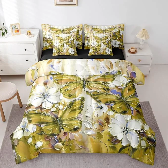 Fashionable Floral Butterfly 7 Piece Bed In A Bag Queen White Flowers Oil Painting Boho Bedding Set With Sheets Retro Aesthetics Yellow Butterfly Comforter Set For Girls Teen Women Bohemian Animal Bed Set Trusted