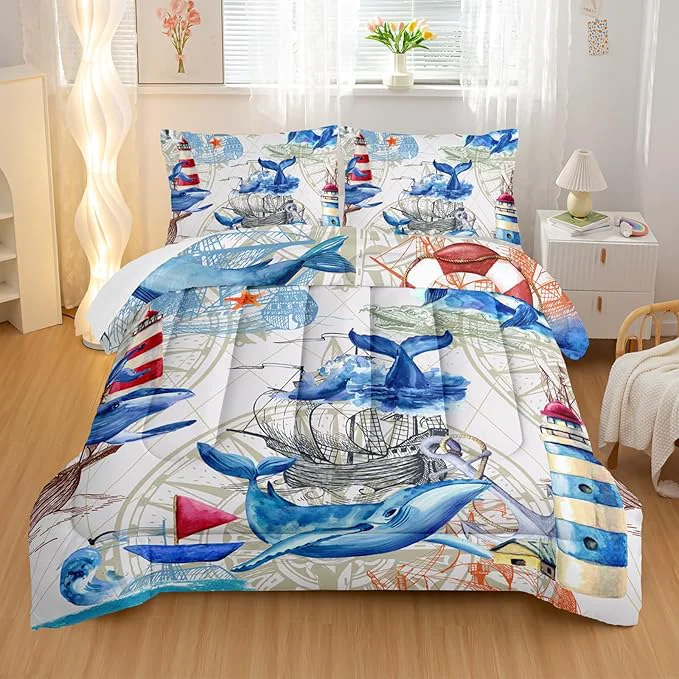 Genuine Nautical Whale Comforter Set King Blue Whale Ocean Lighthouse 3 Pieces Bedding Set for Kids Boys Teens Vintage Nautical Map Microfiber Lightweight Quilt Bedroom Decor with 2 Pillow Cases Elegant
