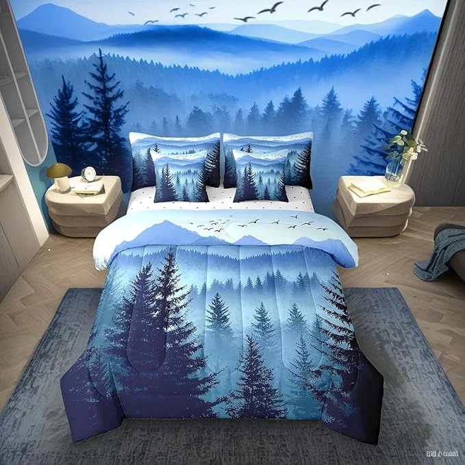 Superior Erosebridal Dark Blue Queen Comforter Set with Sheets Mountain Pine Tree Forest Bedding Sets 7 Piece Rustic Woodland Nature Landscape Bed in A Bag for Kids Boys Teen Men Soft Lightweight Bed Set Clean