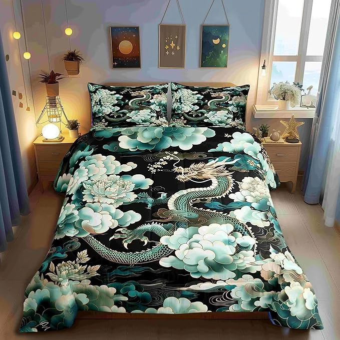 World-Class Castle Fairy Dragon Comforter Set with 2 Pillowcases Propitious Cloud Peony Flower Super Soft Microfiber Bedding Set for Adults Teens Chinese Loong Duvet Set for Room Decor King Traditional