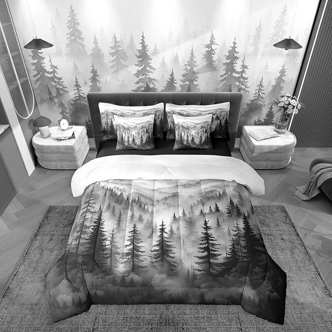 Fast Erosebridal Grey Forest Full Comforter Set 7 Piece Rustic Woodland Pine Tree Bedding Set for Kids Boys Adults Men Jungle Smoky Mountain Bed in A Bag Retro Natural Landscape Sheet Set with Comforter Elite