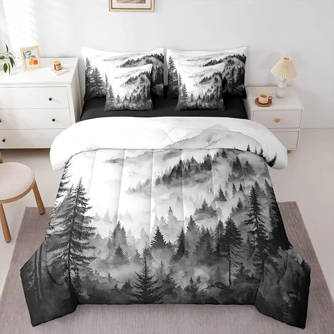 Solid Erosebridal Black Gray Misty Forest Twin Comforter Set with Sheets 7 Piece Grey White Foggy Mountain Bed in A Bag Rustic Woodland Pine Trees Bedding Sets for Kids Adults Watercolor Nature Bed Set Reusable