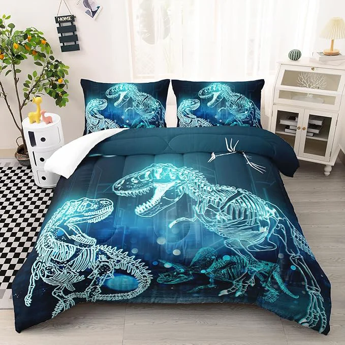Premium Material Dinosaur Comforter Set for Teens Boys Girls Dino Eyes 3 Pieces Bedding Set Full Dark Blue Lightweight Down Bedding Sets for All Season Innovative