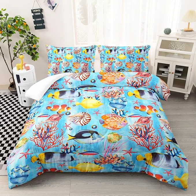 High-End 3 Piece Ocean Bedding Set Blue Full Comforter Set for Boys Teens Girls Tropical Fish Marine Life Quilt With 2 Pillowcase Lightweight All Seasons Duvet Insert Down Bed Comforter Set Next-Generation