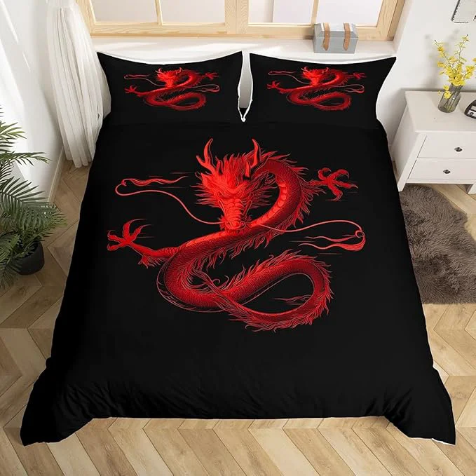 Expertly Made Feelyou Dragon Monster Bedding Set Toddle Size Red Dragon Duvet Cover for Adult Kids Boys Girls Classical Monster Comforter Cover Set Black Red Cool Bedspread Cover 2Pcs Zipper User-Friendly