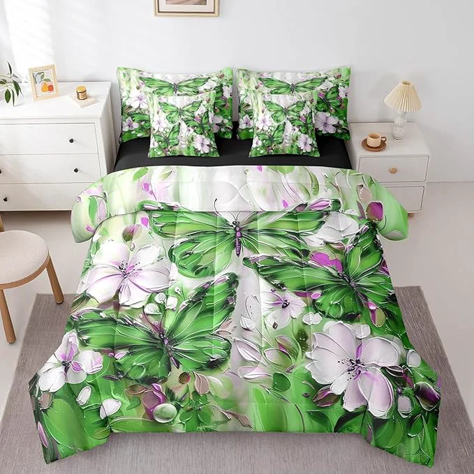 Excellent Erosebridal Green Butterfly 7 Piece Bed in A Bag Queen White Flowers Oil Painting Boho Comforter Set Retro Hippie Floral Butterfly Bedding Set for Girls Women Aesthetics Bohemian Bed Set Trusted