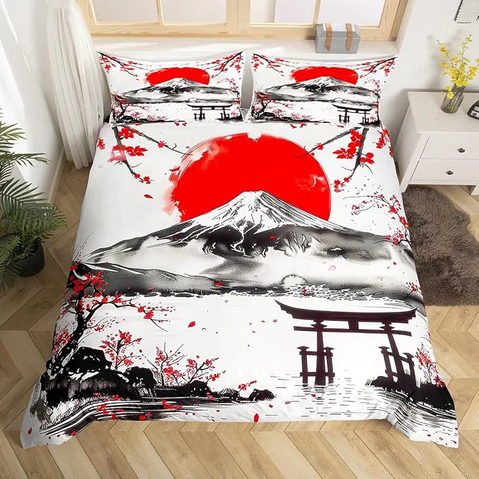 Stylish Feelyou Japanese Theme Bedding Set Full Size Fujiyama Duvet Cover for Adult Kids Boys Girls Cherry Blossom Comforter Cover Set Natural Landscape Bedspread Cover 3Pcs Zipper Quality