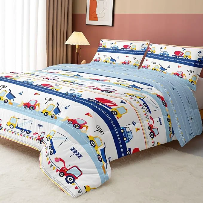 Secure Axolotl Cartoon Car Kids Comforter Set Full Construction Bedding Set Trucks Excavator Tractor Bed Set with 1 Quilt 2 Pillowcases for Boys Girls Teens Adults Bedroom Decor Blue Red Luxury