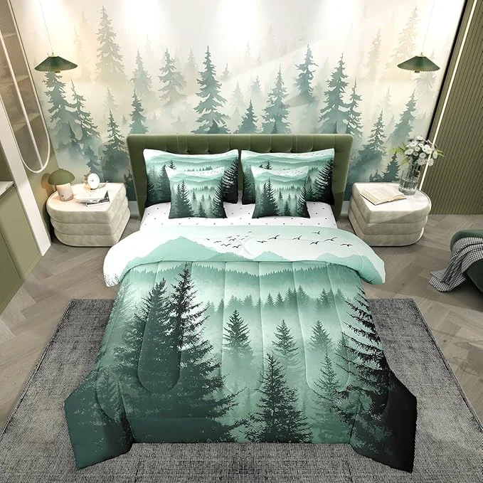Artisan Erosebridal Olive Green Queen Comforter Set with Sheets 7 Piece Mountain Pine Tree Forest Bed in A Bag Rustic Woodland Nature Landscape Bedding Sets for Kids Adults Soft Lightweight Bed Set Carefully Designed