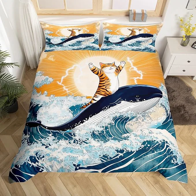 Genuine Feelyou Cute Cat Whale Bedding Set Twin Size Japanese Ukiyoe Theme Duvet Cover for Adult Kids Boys Girls Cartoon Anime Comforter Cover Set Navy Blue Bedspread Cover 2Pcs Zipper Safe