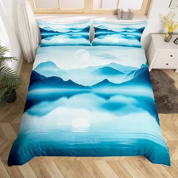Sustainable Feelyou Smoky Mountain Bedding Set King Size Foggy Scenic Duvet Cover for Adult Kids Boys Girls Teal Blue Comforter Cover Set Natural Landscape Bedspread Cover 3Pcs Zipper Proven