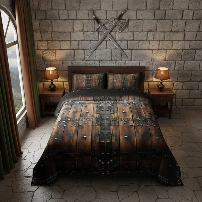 Reliable Medieval Themed Comforter Set for Kids Castle Knight Wall Bedding Set Teens Boys Room Decor Retro Wooden Board Comforter with 1 Pillowcase for All Seasons Twin Lightweight