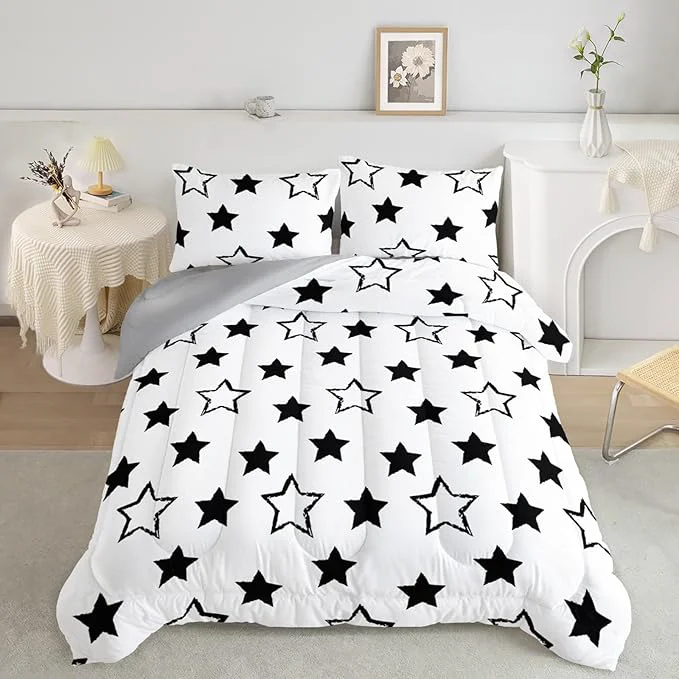 Smart Axolotl Kids Full Bedding Comforter Set 3Pcs Super Cute Soft Black and White Stars Quilt Set Bed in A Bag with 1 Comforter 2 Pillowcases for Kids Boys Girls Teens Adults Room Decor All Season Easy-to-Use