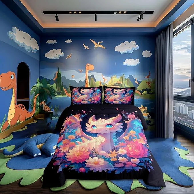 Proven Castle Fairy Dragon Bedding Set for Boys Girls Cute Wildlife Western Animals All Season Cozy Comforter Set Full Size Watercolor Flower Duvet Set Bedroom Decor Festival Gifts User-Friendly