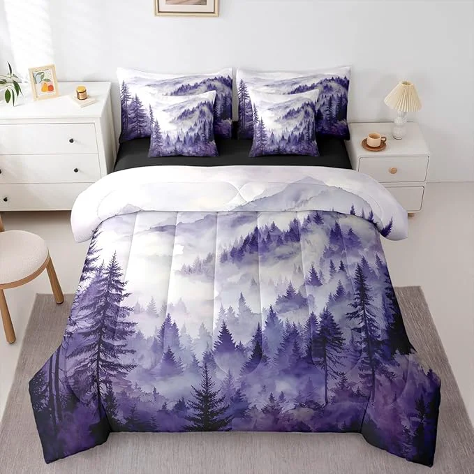 Safe Erosebridal Purple Misty Forest Twin Bed in A Bag 7 Piece Mountain Foggy Woodland Comforter Set with Sheets Rustic Pine Tree Bedding Sets for Kids Adults Watercolor Nature Theme Bed Set Outstanding