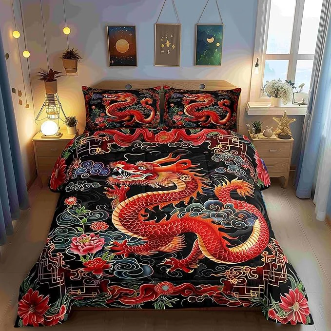 Enhanced Castle Fairy Chinese Loong Twin Size Comforter Set Watercolor Flowers Quilt Set Soft Bed Collection Exotic Chinese Style Bedding Comforter for Boys Girls Room Decor 2 Pcs Relaxed