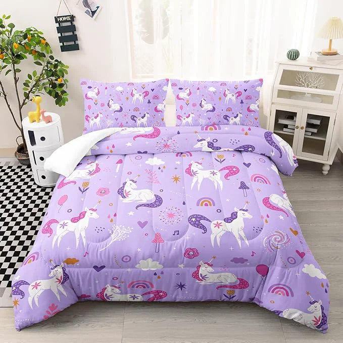 Organic Unicorn 3 Piece Bedding Set – Violet 3 Pieces Bedding Set for Kids Unicorn Girls Comforter Set Rainbow Clouds Star Quilt Set 1 Comforter 2 Pillowcase All Seasons Flexible