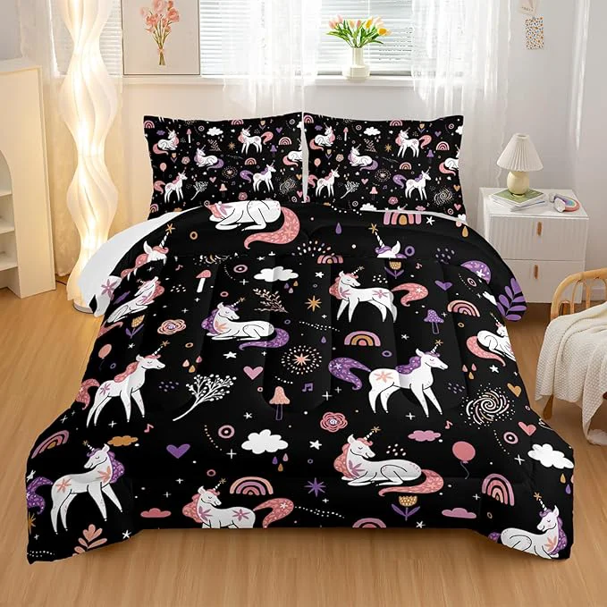 Excellent Unicorn 3 Piece Girl Bedding Set King Size Black 3 Pieces Bedding Set for Girls Kids Unicorn Comforter Set Girls Room Decor Rainbow Clouds Star Quilt Set 1 Comforter 2 Pillowcase All Seasons Pure
