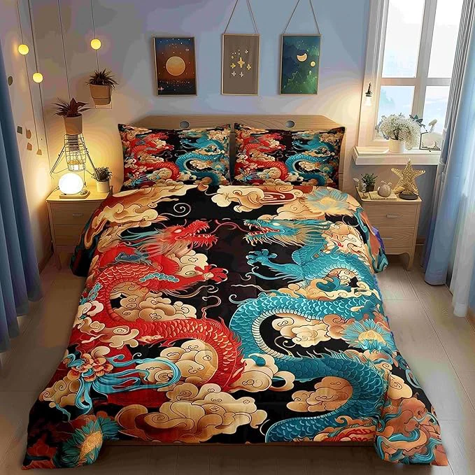First-Class Castle Fairy Chinese Loong 3 Pcs King Size Comforter Set Dragon Exotic Chinese Style Down Adults Bedroom Decor Propitious Cloud Ultra Soft Microfiber Inner Fill 3Pcs Bedding World-Class