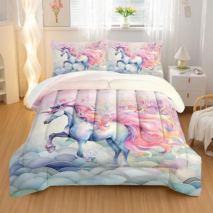 Organic Pink Fantasy Unicorn Comforter Set King Rainbow Scales Unicorn 3pcs Bedding Set for Girls Boys Kids Cartoon Down Soft Lightweight Comforter with 2 Pillowcases All Season Modern
