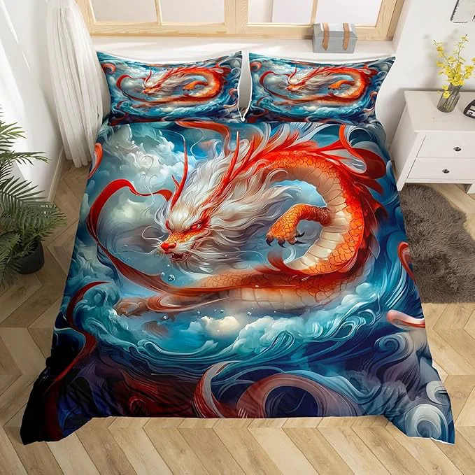 Responsible Feelyou Dragon Monster Bedding Set Queen Size Red Mighty Dragon Duvet Cover for Adult Kids Boys Girls Classical Monster Comforter Cover Set Wild Animal Bedspread Cover 3Pcs Zipper Trusted