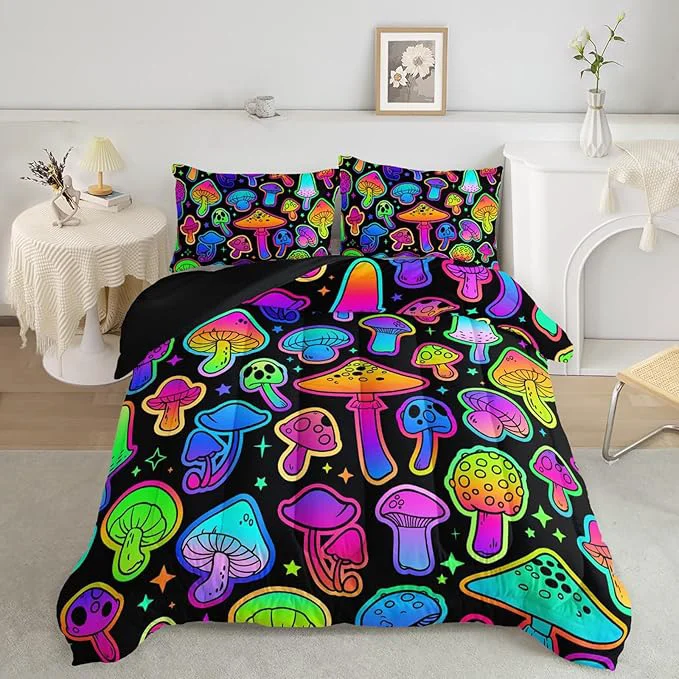 Secure Mushroom Comforter Set Kids Bedding Set Full 3Pcs Colorful Soft Black Gradient Mushroom Quilt Set Bed in A Bag with 1 Comforter 2 Pillowcases for Kids Boys Girls Teens Adults Room Decor All Season Superior