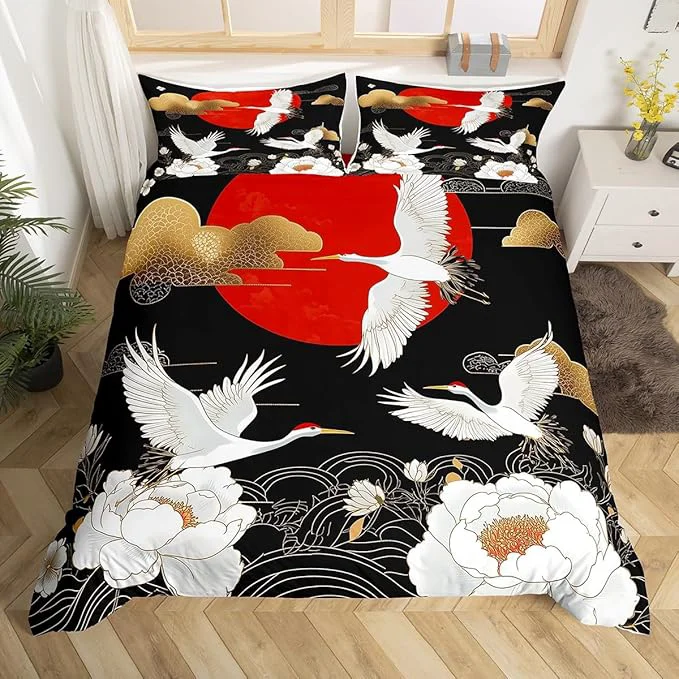 Soft Feelyou Japanese Crane Bedding Set Queen Size Black Gold Ukiyoe Theme Duvet Cover for Adult Kids Boys Girls Asian Anime Comforter Cover Set Wild Animal Bedspread Cover 3Pcs Zipper Pure