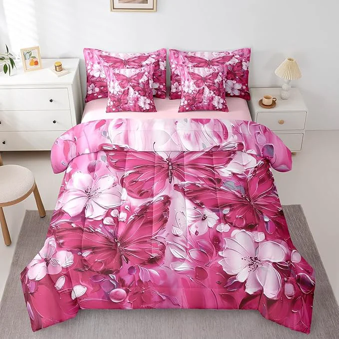 Trusted Erosebridal Girls Hot Pink Butterfly Bedding Sets Queen 7 Piece White Flowers Oil Painting Boho Kids Comforter Set Retro Aesthetics Bohemian Butterfly Bed in A Bag Floral Butterfly Sheet Set High-Quality