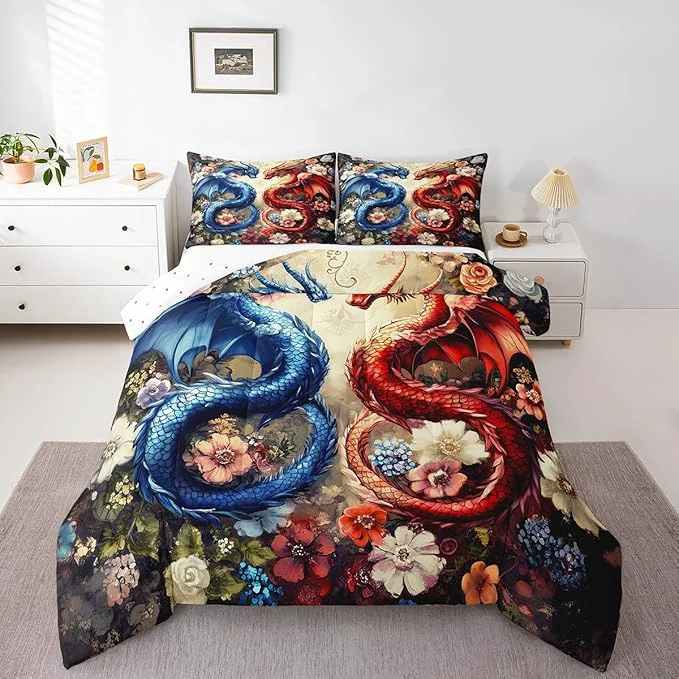 User-Friendly Castle Fairy Chinese Loong Kids Comforter Set Wild Animals Dragon Bedding Set All Season Watercolor Flowers Comforter 2 Pcs with 1 Pillowcase Toddler Size Fine Crafted