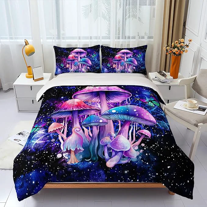 Verified Fantasy Mushrooms Comforter Set Full Galaxy Fantasy 3 Pieces Bedding Set for Teens Kids Violet Down Bed Comforters Bedding Sets for All Season Clean