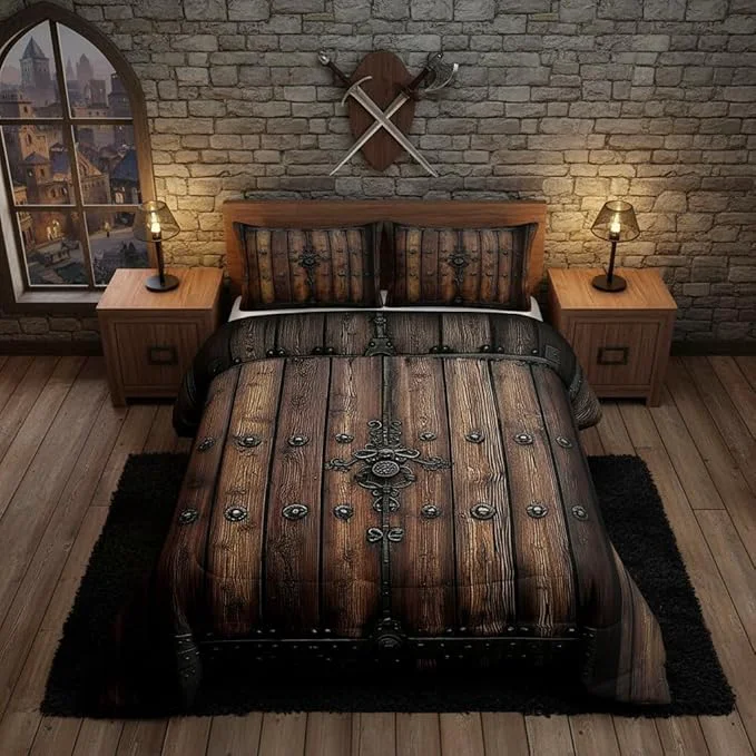 Fast Castle Fairy Medieval Themed Wall Comforter Set Knight Walls Bedding Set Kids Teens Modern Decor Retro Wooden Board Comforter with 1 Pillowcase for All Seasons Twin High-Quality