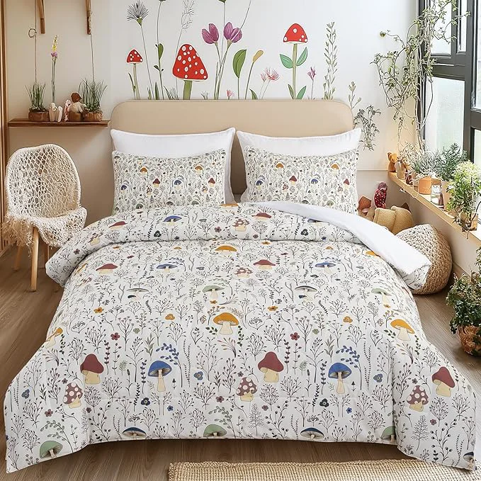 Casual SOULZZZ Mushroom Comforter Set for Kids 3 Piece Colorful Mushroom Decor King Bedding with Plants and Flowers- Aesthetic Cute Room Decor Cream Comforter for Adults Boys Girls Official