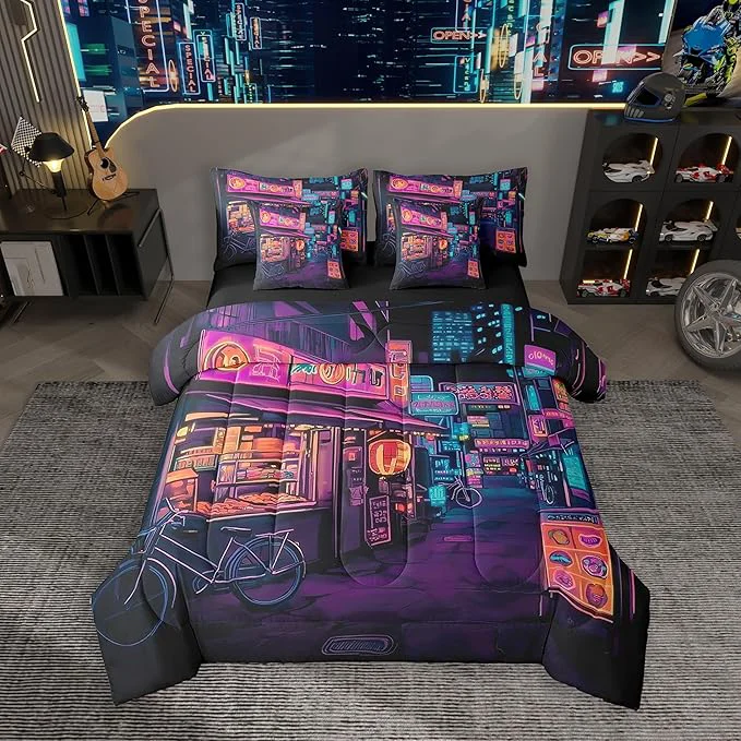 Long-Lasting Feelyou Japan Art Comforter Set 7 Pieces Queen Size Tokyo Anime Bedding Set for Boys Girls Japanese Night City Bed in a Bag with Comforter Sheets Pillowcases amp Cushion Covers Stylish