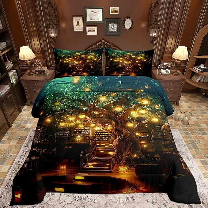 Outstanding Castle Fairy Modern Building Trees Bedding Set Bookshelf Bookcase All Season Cozy Comforter Set Full with 2 Pillowcases al Mysterious Style Duvet Set Bedroom Decor Personalized Birthday Gifts High-Quality