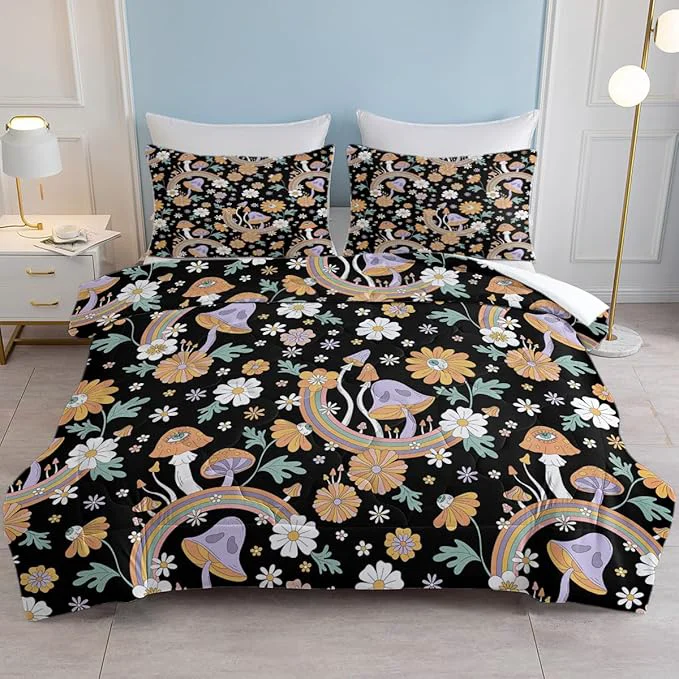 Smooth SOULZZZ Retro Hippie Bedding Set Twin Size Floral Daisy Mushroom Quilt for Girls Women Rainbow Mushroom Black Comforter with 2 Pillowcases User-Friendly