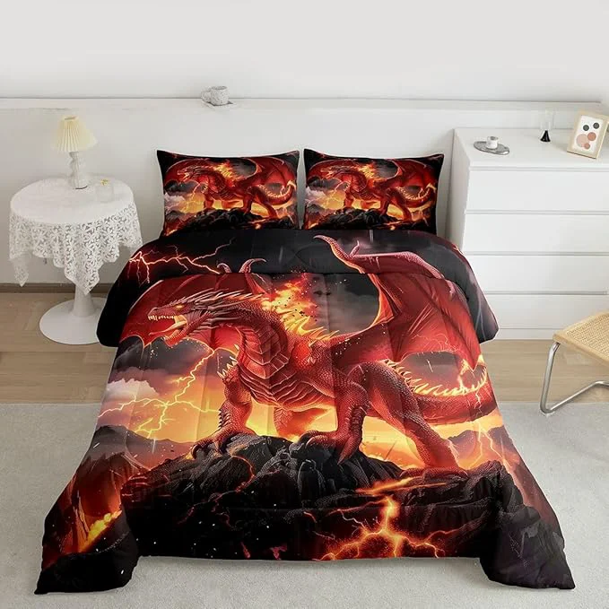 Elegant Castle Fairy Dragon Bed Comforter Set Queen Size Wild Animals Cool al Style Super Soft Microfiber Bedding Set for Adults Teens Red Flame Dragons Comforter Set 2 Pillowcases Next-Generation