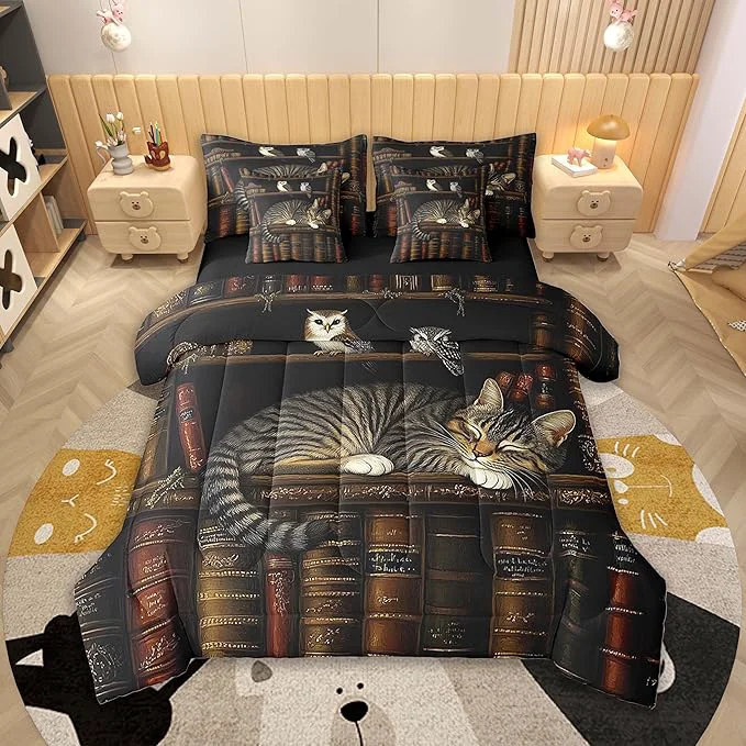 Practical Feelyou Vintage Library Comforter Set 7 Pieces Queen Size Book Cat Bedding Set for Boys Girls Cute Bookshelf Bed in a Bag with Comforter Sheets Pillowcases amp Cushion Covers Innovative