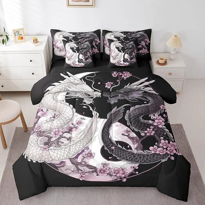 Enhanced Feelyou Dragon Comforter Set 7 Pieces Queen Size Yin Yang Cherry Flower Bedding Set for Boys Girls Wildlife Bed in a Bag with Comforter Sheets Pillowcases amp Cushion Covers Premium