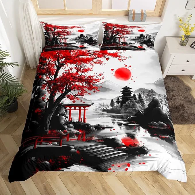 Versatile Feelyou Japanese Style Bedding Set Full Size Cherry Blossom Duvet Cover for Adult Kids Boys Girls Watercolor Comforter Cover Set Natural Landscape Bedspread Cover 3Pcs Zipper Artisan