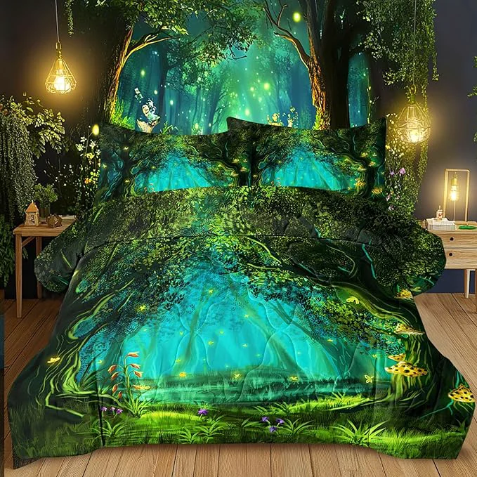 Pure SOULZZZ Forest Comforter Set Queen Size Premium Microfiber Green Forest Mushroom Butterfly Flower Pattern Comforter 3 Piece Aesthetic Green Bedding Set with 2 Pillow Shams Optimized