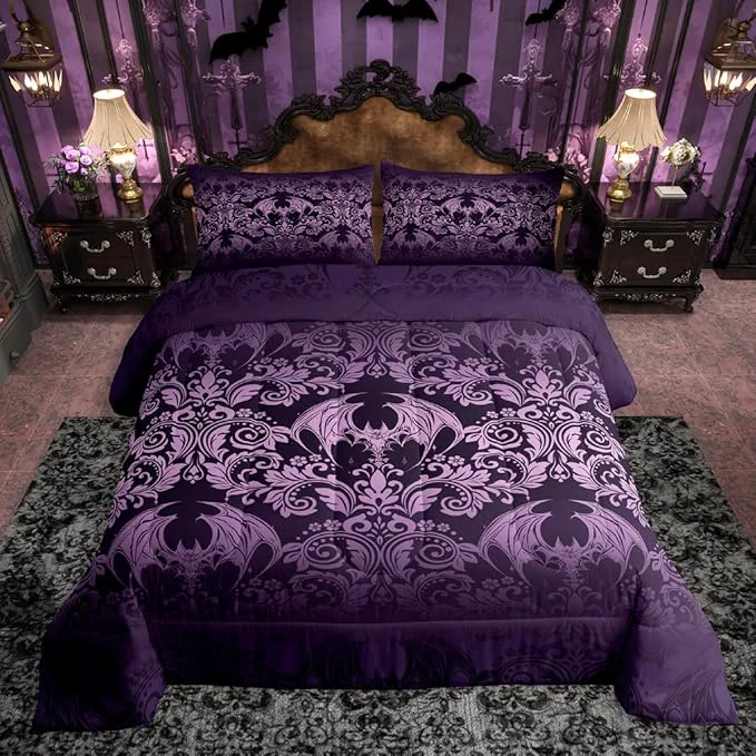 Solid Feelyou Gothic Damask Print Comforter Set Toddler Size Purple Goth Bat Victorian Floral Bedding Set for KidsBoho Bohemian Exotic Duvet Quilt Bedroom Decor Microfiber 2 Pcs with 1 Pillow Cases Flexible