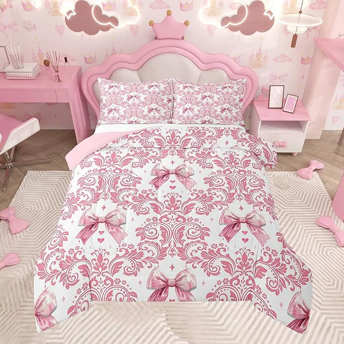 Fine Feelyou Girls Pink Bowknot Comforter Set Queen Size Goth Damask Comforter Victorian-Themed Bedding Set Baroque Duvet Set Vintage Floral Quilt Set 3Pcs Solid