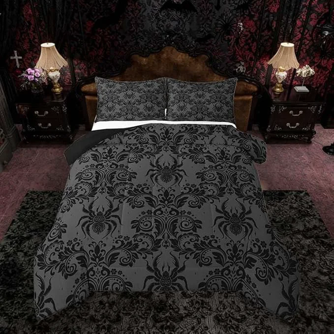 Reusable Feelyou Adults Gothic Comforter Set Twin Size Dark Olive Green Damask Bedding Set for Kids Boys Girls Spider Duvet Quilt Bedroom Decor Microfiber 2 Pcs with 1 Pillow Cases Powerful
