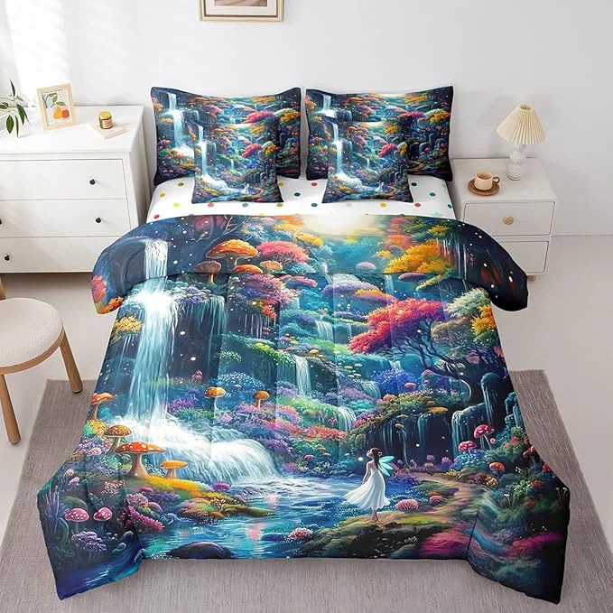 Sustainable Feelyou Waterfall Comforter Set 7 Pieces King Size Moon Landscape Bedding Set for Boys Girls al Bed in a Bag with Comforter Sheets Pillowcases amp Cushion Covers Fast