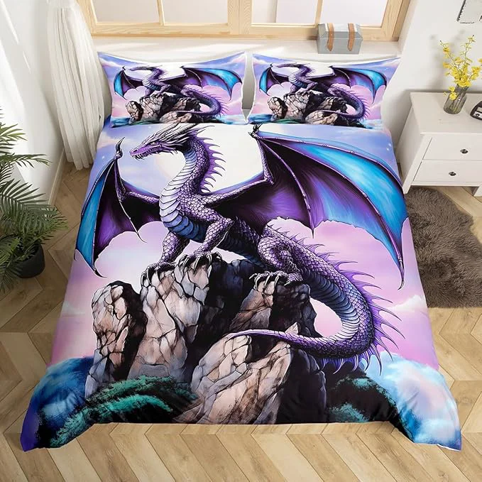 Premium Material Feelyou Dragon Bedding Duvet Cover Set King Size 3D Dragon Theme Bedding Set Decor Ancient Wildlife Dragon Deep Animal al World Scale Comforter Cover Set Purple Bedspread Cover No Comforter Fast