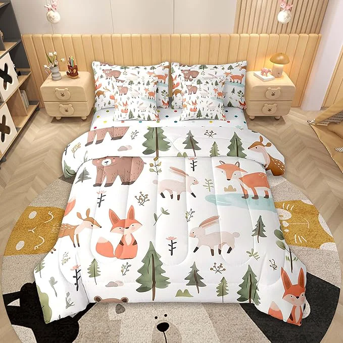 High-Quality Feelyou Cartoon Animals Comforter Set 7 Pieces King Size Cute Zoo Bear Fox Rabbit Bedding Set for Boys Girls Nature Bed in a Bag with Comforter Sheets Pillowcases amp Cushion Covers Genuine