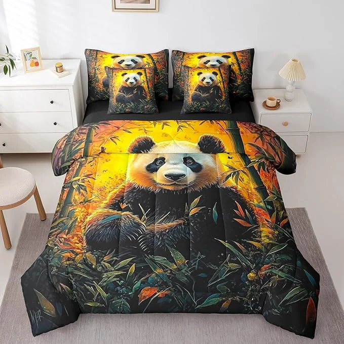 Innovative Feelyou Cute Panda Comforter Set 7 Pieces Twin Size Kawaii Bear Bedding Set for Boys Girls Nature Yellow Bed in a Bag with Comforter Sheets Pillowcases amp Cushion Covers Stylish